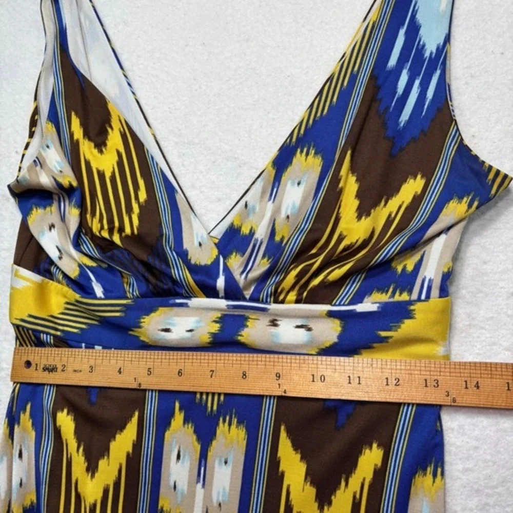 Tory Burch Silk Ikat Print V-Neck  Midi‎ Dress Blue Yellow Brown Size M #927